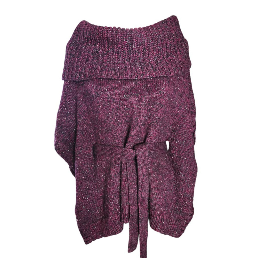 White House Black Market S Purple Sparkle Belted Cowl Neck Poncho Knit Sweater